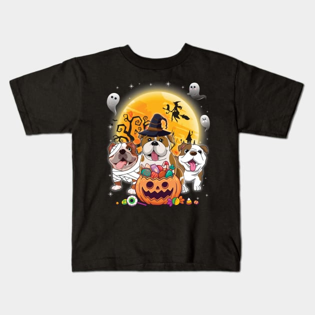 English Bulldog Dog Mummy Witch Moon Ghosts Happy Halloween Thanksgiving Merry Christmas Day Kids T-Shirt by joandraelliot